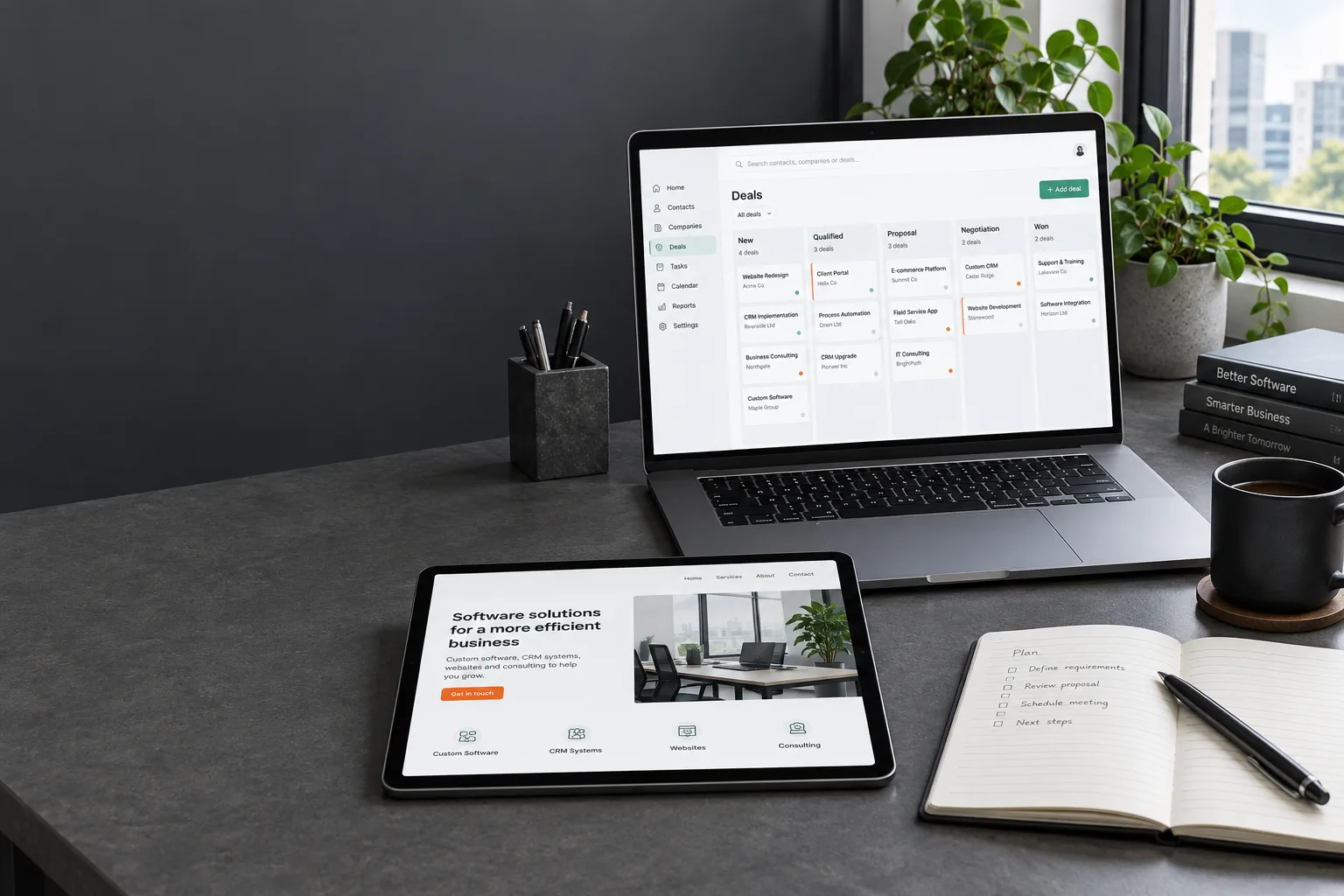 Concept illustration of a CRM dashboard and a business website on a laptop and tablet